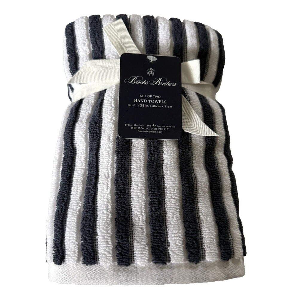 Brooks Brothers Hand Towels White Navy Blue Luxury Striped 100% Cotton Set of 2